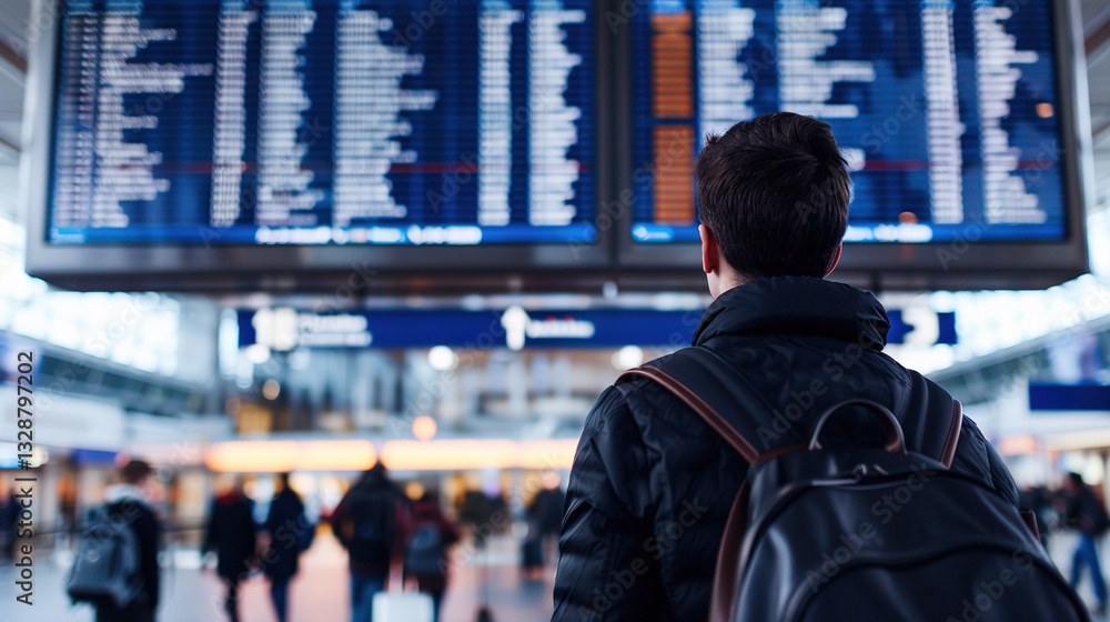 Man standing at airport terminal, gazing at large digital screen showing immigration policies, amidst bustling crowd and luggage, highlighting importance of travel regulations and border control infor Man standing at airport terminal, gazing at large digital screen showing immigration policies, amidst bustling crowd and luggage, highlighting importance of travel regulations and border control infor