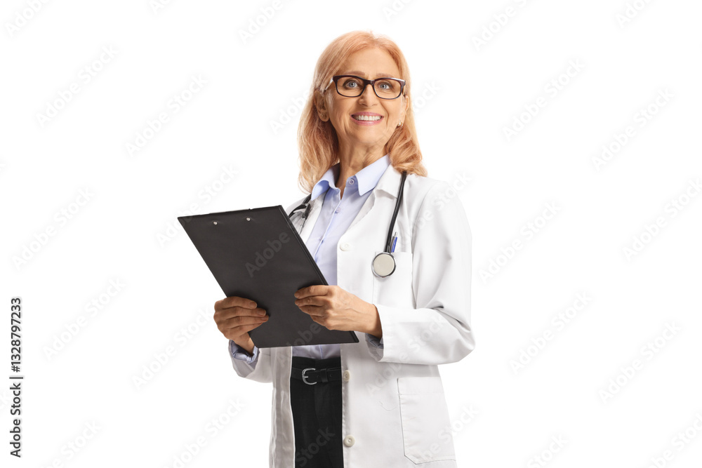 Smiling female doctor holding a clipboard Smiling female doctor holding a clipboard