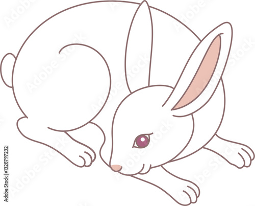 Crouching white bunny illustration. Easter rabbit cartoon character.