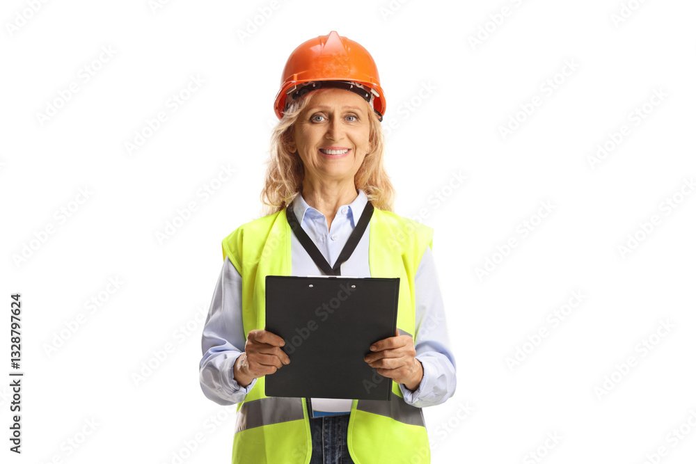 Female site engineer with a safety vest and hardhat Female site engineer with a safety vest and hardhat