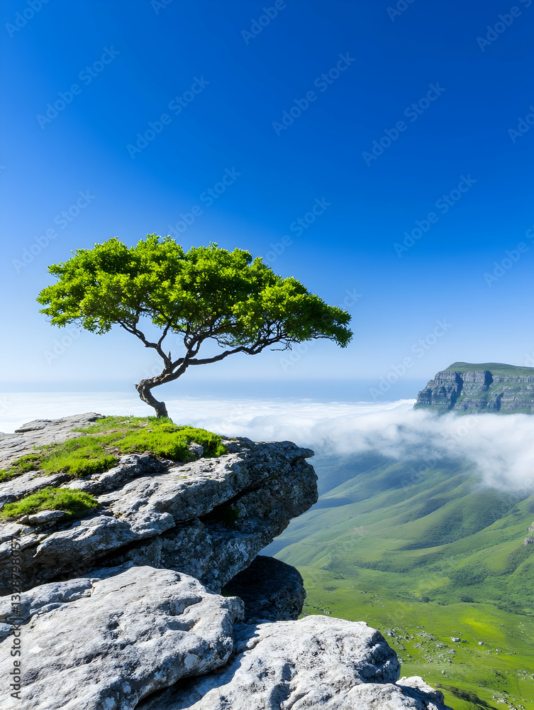Lone tree atop rocky cliff overlooking misty valley under vibrant blue sky Lone tree atop rocky cliff overlooking misty valley under vibrant blue sky