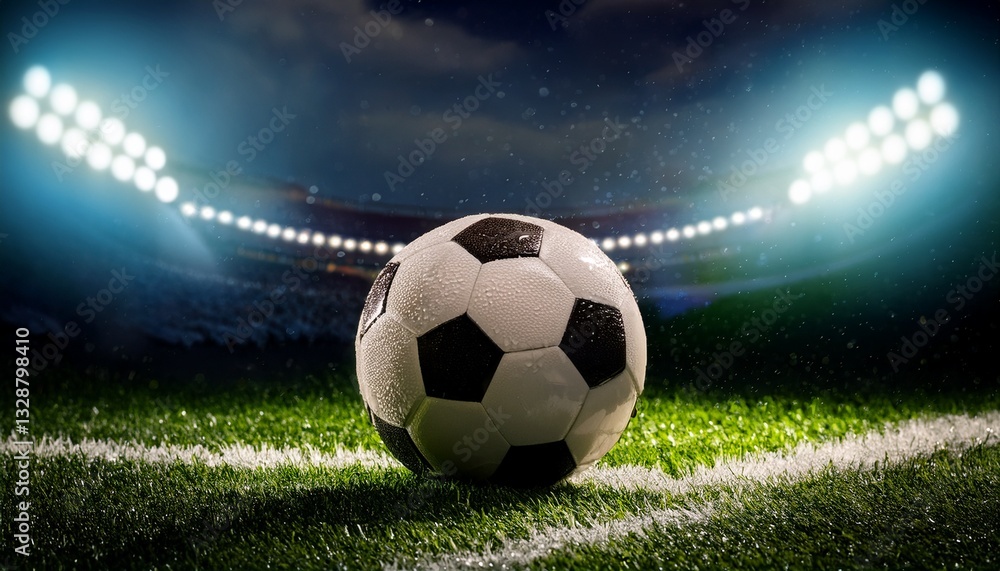 Obraz premium Detailed close-up of a soccer ball resting on wet grass, with raindrops beautifully reflecting the bright stadium lights. Captures the anticipation of the game