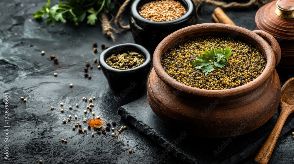 Clay pot filled with yellow lentils on a dark slate surface. the pot is placed on a wooden table with a wooden spoon and a wooden lid on the right side. Clay pot filled with yellow lentils on a dark slate surface. the pot is placed on a wooden table with a wooden spoon and a wooden lid on the right side.