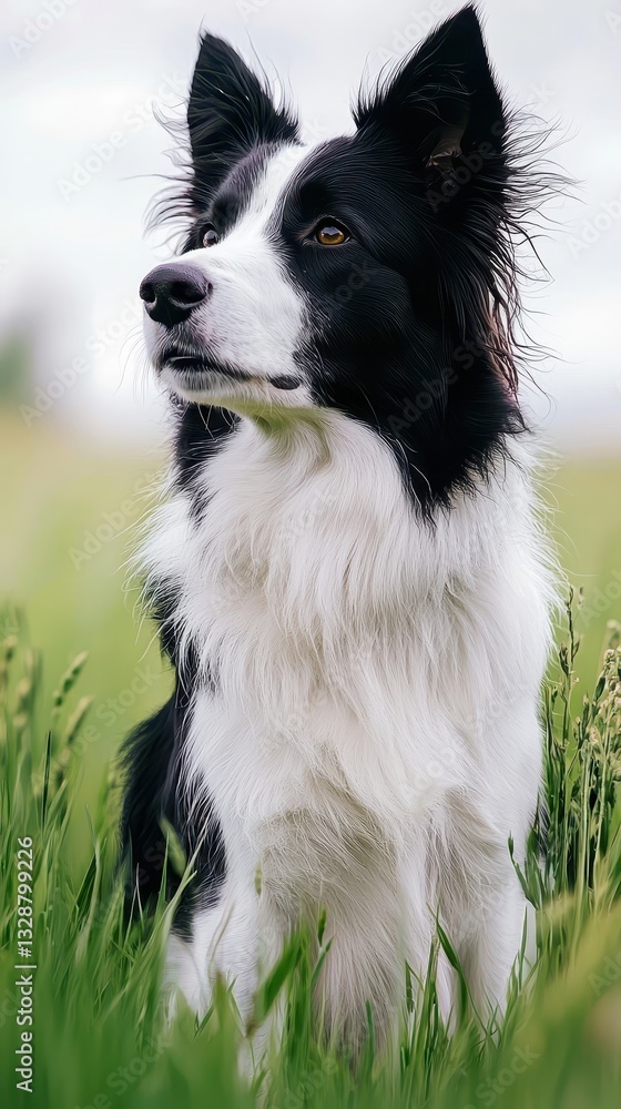 Fototapeta premium Black and White Border Collie Dog Sitting in Green Grass Field