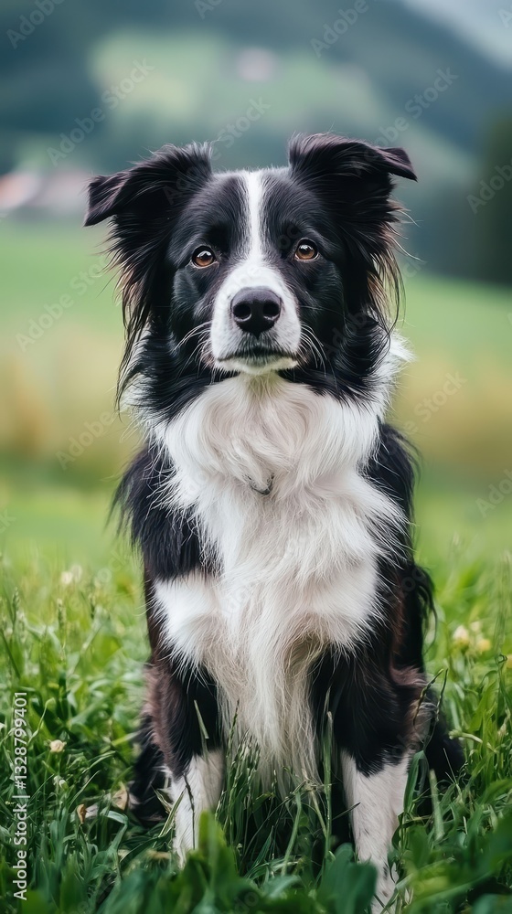 Beautiful Border Collie Sitting in Lush Green Grass Outdoors Beautiful Border Collie Sitting in Lush Green Grass Outdoors