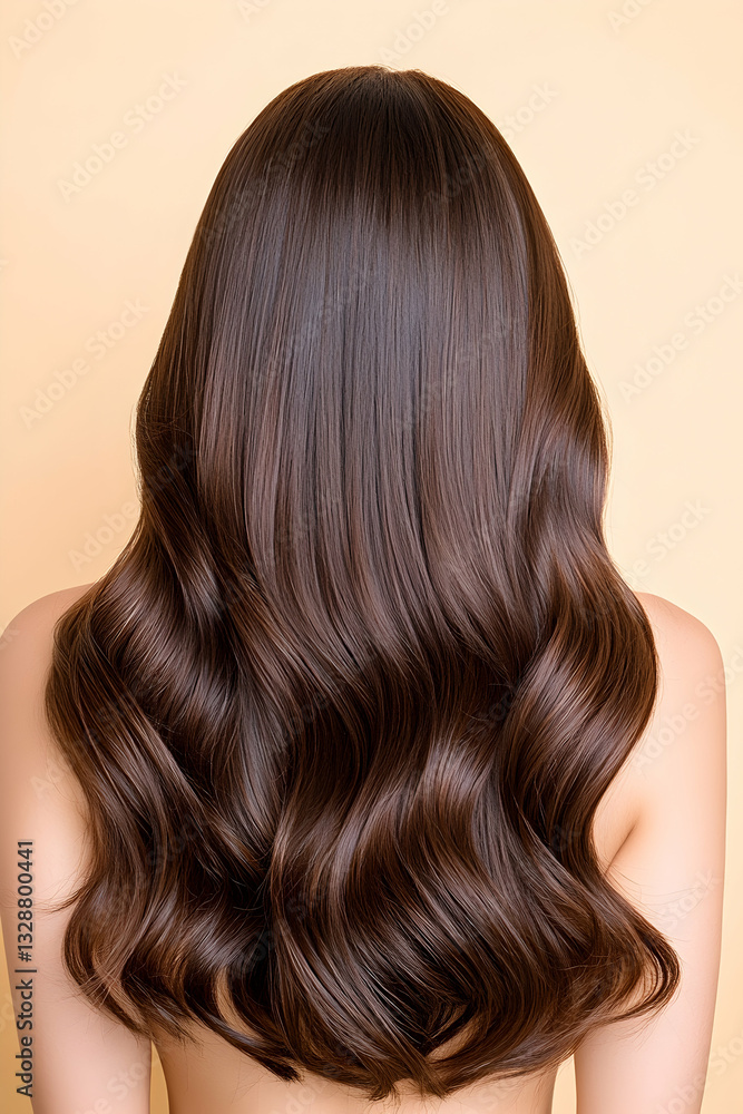 Fototapeta premium Long, wavy brown hair viewed from behind against a pale background