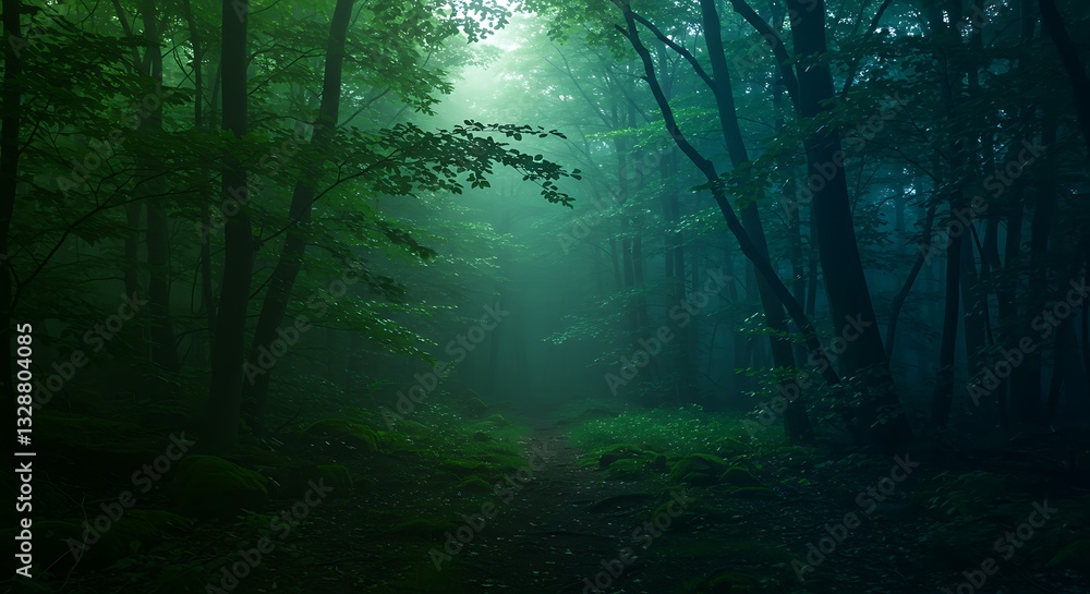Obraz premium Enigmatic Forest Path: A Mystical Journey Through Verdant Woods