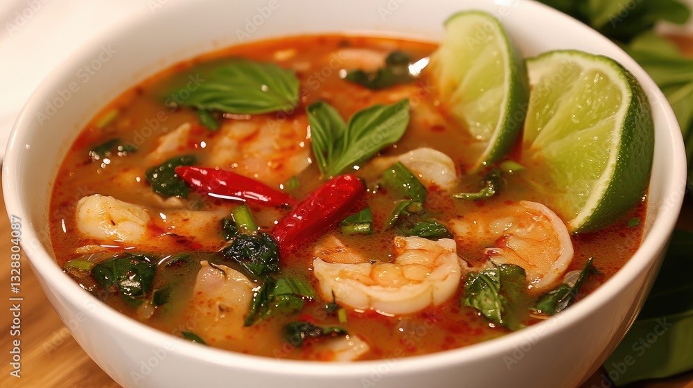 Spicy Shrimp Soup with Fresh Herbs, Lime, and Chili Peppers in a White Bowl on Wooden Surface Spicy Shrimp Soup with Fresh Herbs, Lime, and Chili Peppers in a White Bowl on Wooden Surface