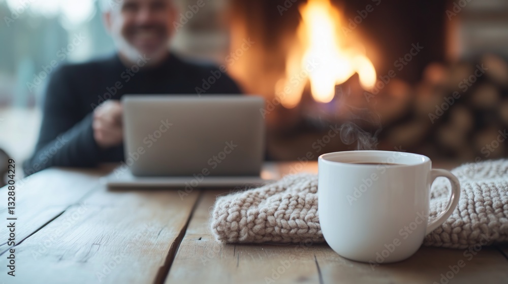 Cozy indoor scene with a man working on a laptop near a fireplace Cozy indoor scene with a man working on a laptop near a fireplace