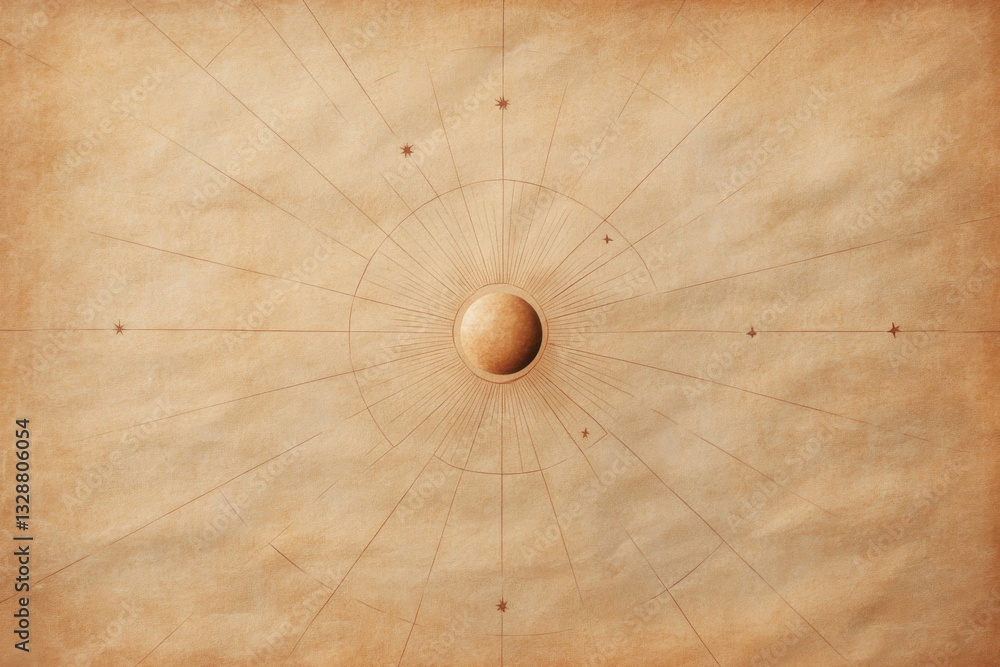 Fototapeta premium Intricate celestial design on aged parchment, featuring central