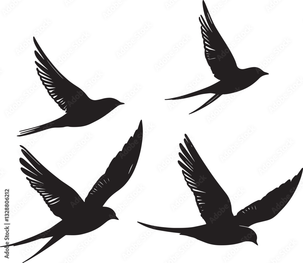Obraz premium This artwork is digitally enhanced using AI and manually edited for quality.Flying Bird Silhouettes - Minimalist Black and White Art.