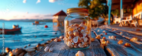 Coastal Dreamscape Discover the beauty of seashells collected within a glass jar, gracefully positioned on a weathered wooden deck overlooking the serene ocean Capture the essence of beachside