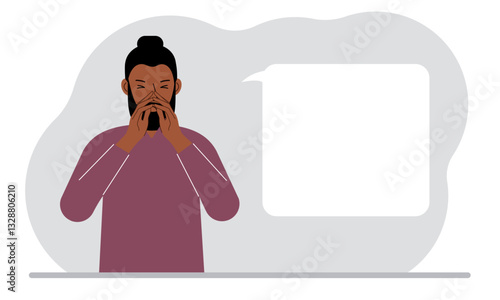 The man covers his nose with his hands. The concept of a sick person, sneezes, seasonal allergies, bad smell.