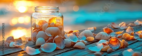 Coastal Charm Still Life Capturing the Essence of the Beach with Seashells Inside a Glass Jar Placed on a Weathered Wooden Deck Near the Ocean, this serene composition evokes memories of summer days