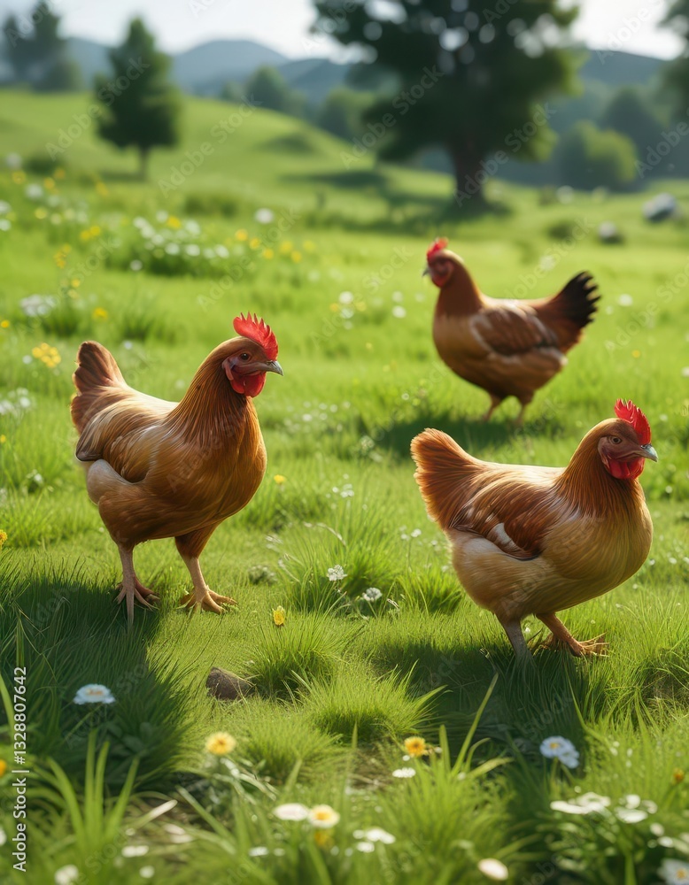 Fototapeta premium Adorable chickens roaming on a lush green meadow, green, meadow, animals