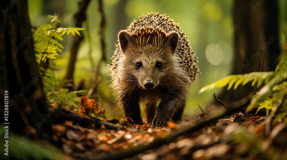 Naklejka premium A small hedgehog walks through autumn leaves in a sunny, green forest path