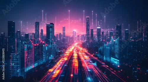 Wallpaper Mural An Illuminated Modern City Skyline Showcasing Business Development and Growth through Vibrant Graphs and Charts Overlays Torontodigital.ca