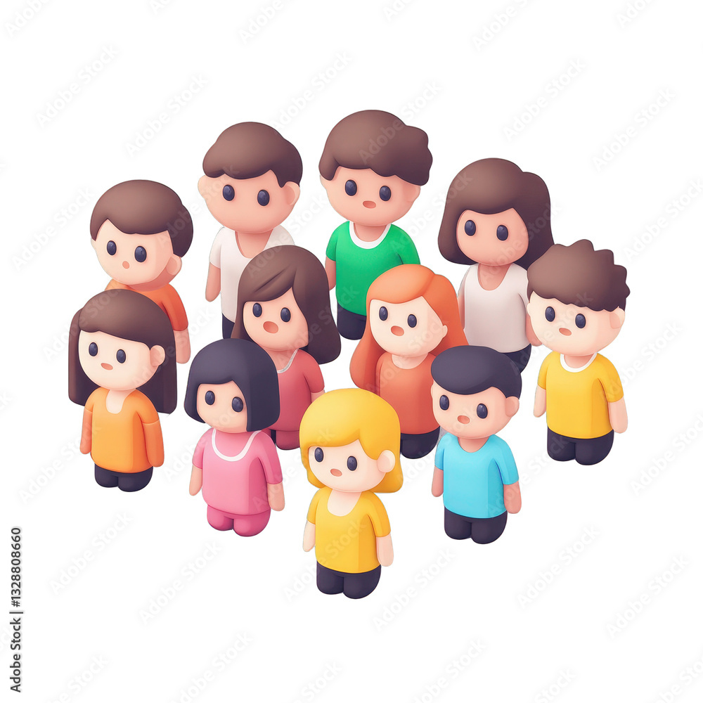 Isometric group of cartoon people standing on a transparent background, colorful clothing, diverse styles, simple design, warm palette isolated on white or transparent png Isometric group of cartoon people standing on a transparent background, colorful clothing, diverse styles, simple design, warm palette isolated on white or transparent png
