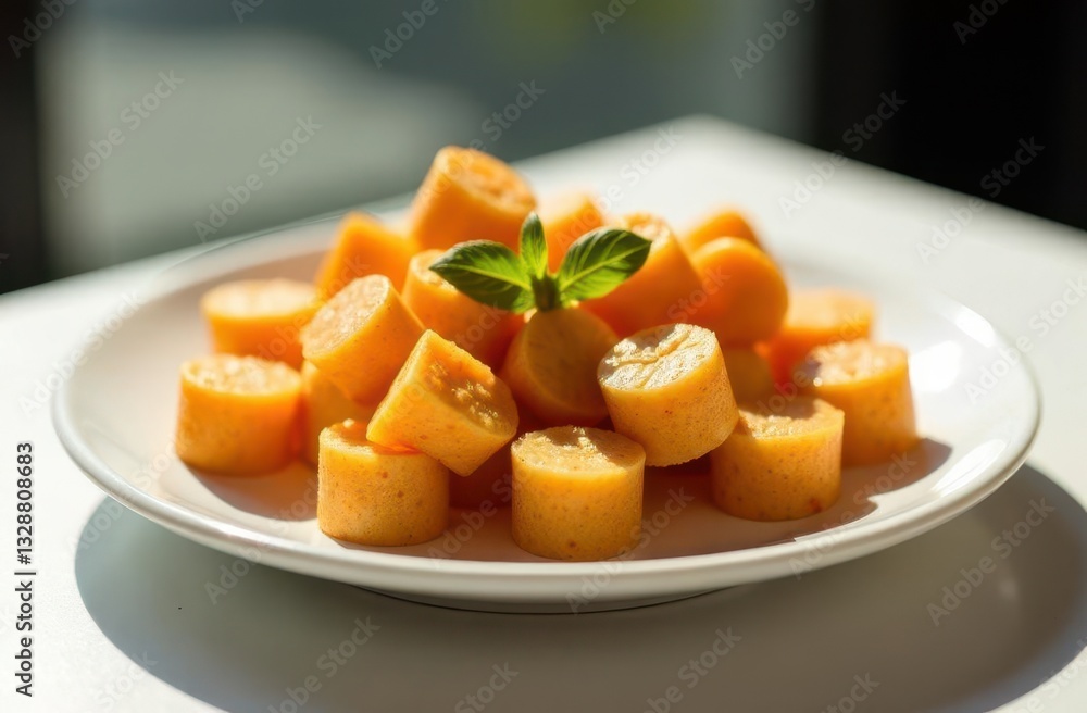 Freshly cut orange fruit slices arranged on a white plate with mint garnish Freshly cut orange fruit slices arranged on a white plate with mint garnish