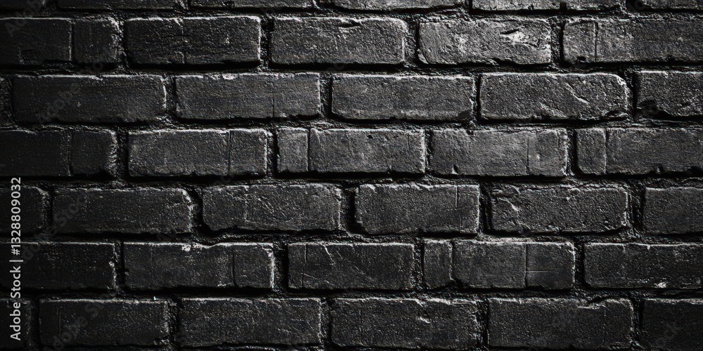 Fototapeta premium An intricately textured black brick wall features horizontally laid bricks; the top half veers left while the bottom tilts right, creating dynamic visual interest