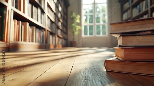 Cozy library interior with sunlight illuminating stacked books on floor