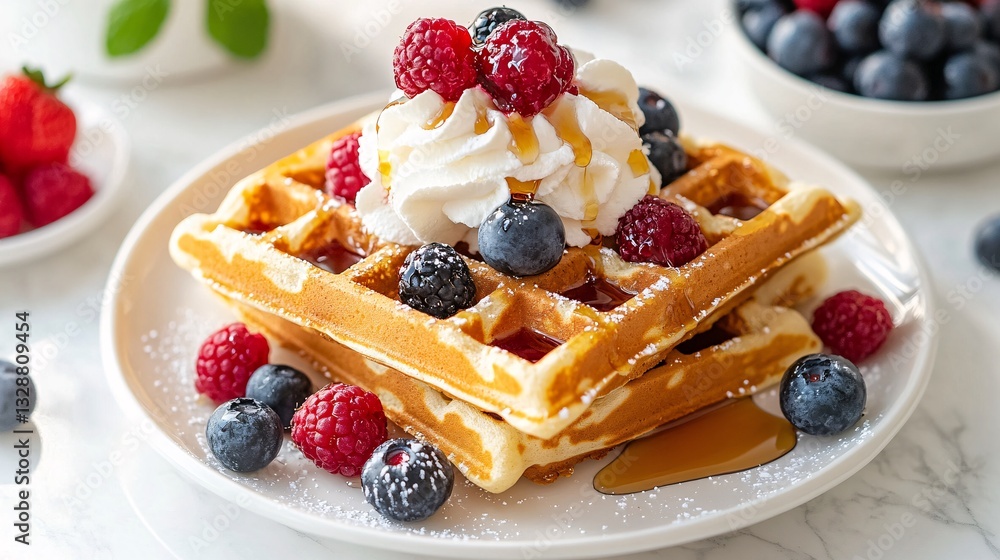 Delicious Waffles Served With Fresh Berries And Whipped Cream Delicious Waffles Served With Fresh Berries And Whipped Cream