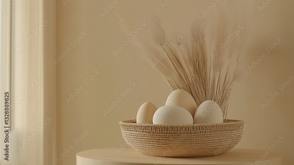 Fototapeta premium Elegant Beige Eggs in Woven Basket Natural Decor art home life calm soft still table wheat