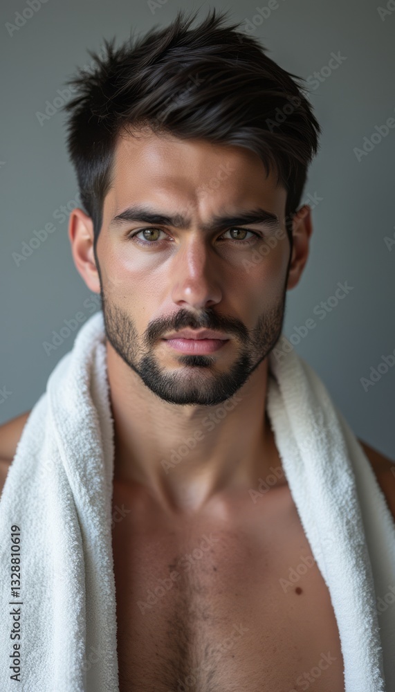 Fototapeta premium A striking portrait of a handsome man with dark hair and a well-groomed beard, wrapped in a white towel. His intense gaze and chiseled features exude confidence and allure, making this image perfect