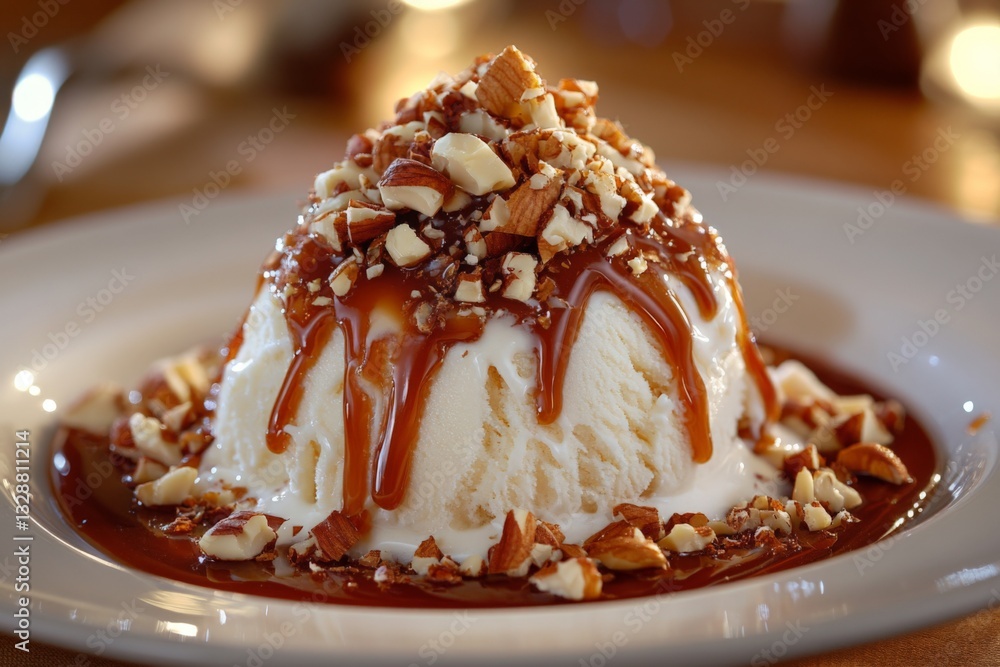 Decadent dessert topped with caramel and nuts served at a cozy restaurant in the evening Decadent dessert topped with caramel and nuts served at a cozy restaurant in the evening