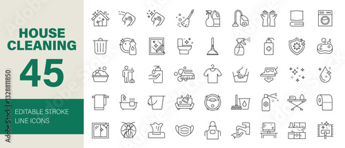 House Cleaning icon set. Housekeeping related line icons: washing, vacuum cleaner, detergent, cleaning tools, equipment, household appliances and more. Editable stroke. Vector illustration.
