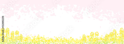 ふんわりした桜のシルエットと菜の花畑	