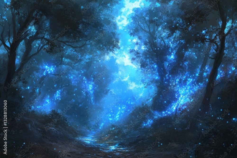 Obraz premium Enchanting forest path illuminated by glowing blue lights at dusk