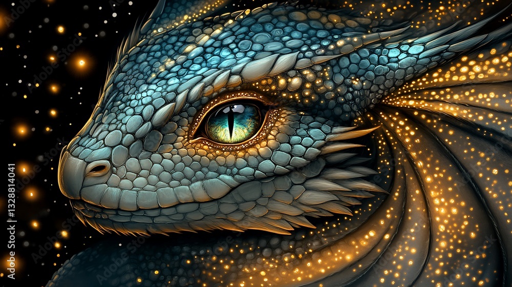 Fototapeta premium An artistic rendering of a dragon head, detailed scales and golden sparkles abound
