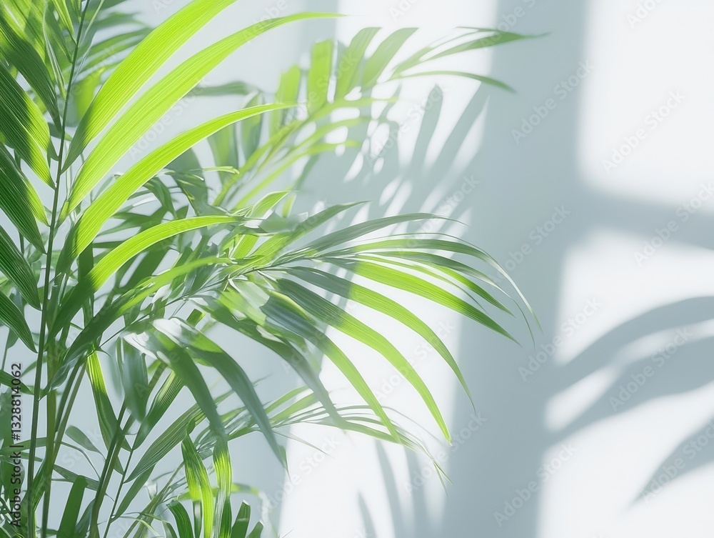 Obraz premium Lush Green Plant Leaves Casting Soft Shadows on White Wall