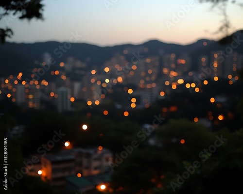 City lights and buildings seen through trees at dusk