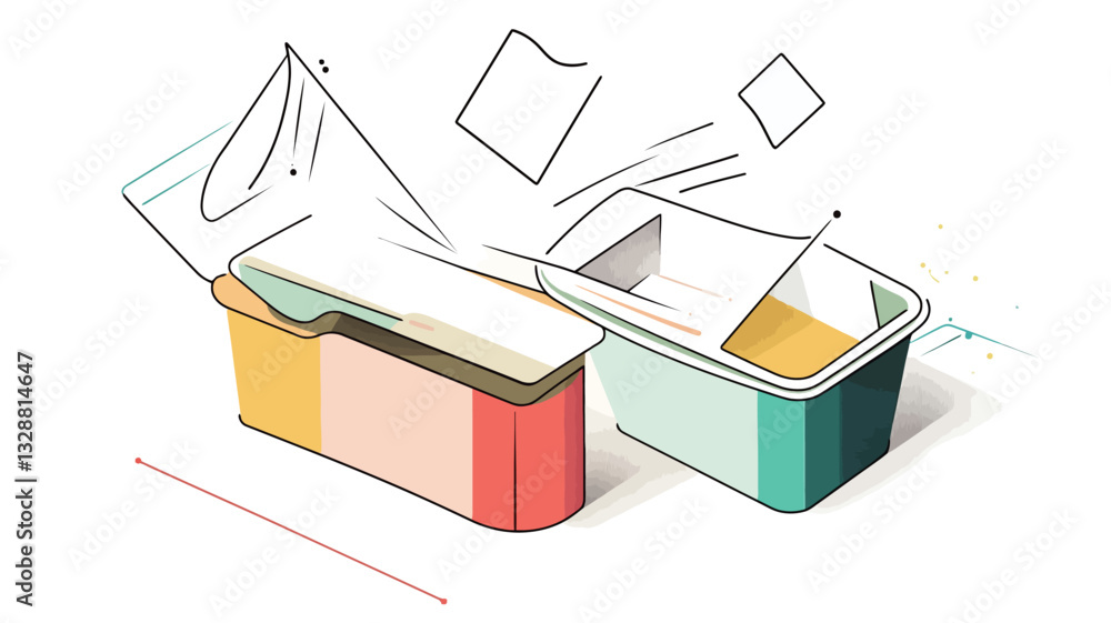 Isometric illustration depicting two rectangular food containers with a peel-away lid. The containers are shown in pastel colors (yellow, teal, pink, red). One container is being opened, showing Isometric illustration depicting two rectangular food containers with a peel-away lid. The containers are shown in pastel colors (yellow, teal, pink, red). One container is being opened, showing