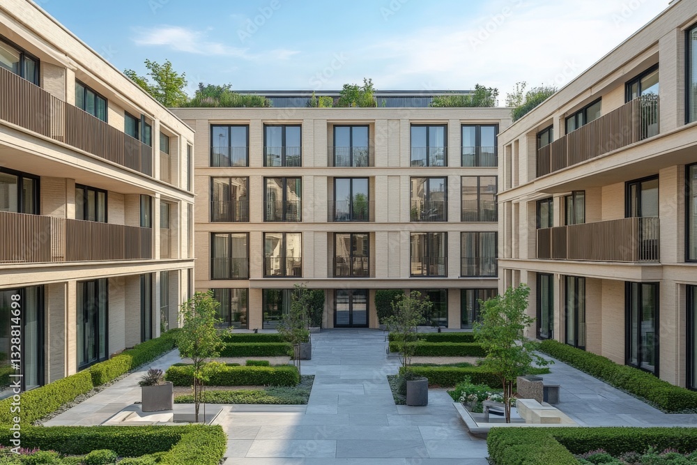 Modern residential courtyard with elegant architecture and greenery during daylight Modern residential courtyard with elegant architecture and greenery during daylight
