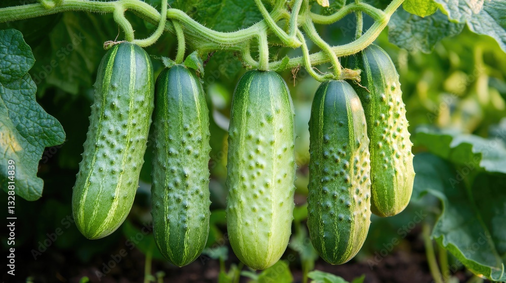 Fresh Green Cucumbers Growing on a Vine Fresh Green Cucumbers Growing on a Vine
