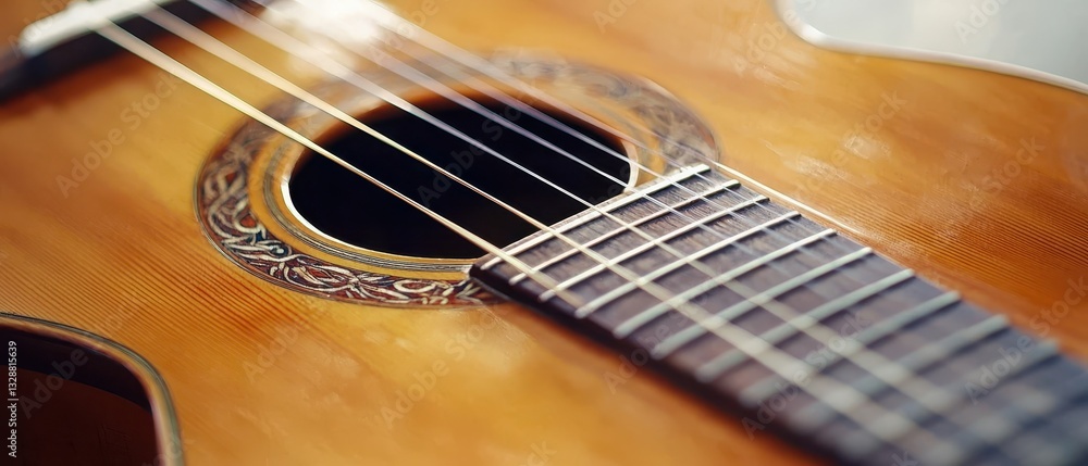 Close-Up of Acoustic Guitar Strings and Sound Hole Detail Close-Up of Acoustic Guitar Strings and Sound Hole Detail