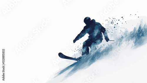 The image shows a stylized silhouette of a skier in motion against a white background.  The skier is depicted from behind, in a dynamic pose suggesting downhill skiing.  The snow is rendered in
