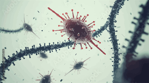 A digital illustration depicting a microscopic view of a virus. The virus is central, rendered in shades of red, with spiky protrusions.  Several smaller, dark grey, elongated cellular structures