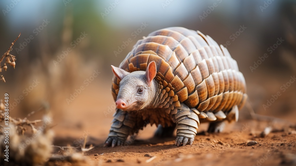 Fototapeta premium Armadillo walking, armored shell details, earthy landscape background