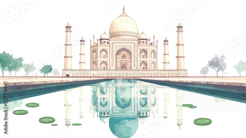 Watercolor-style illustration depicting the Taj Mahal in India. The structure is rendered in shades of ivory white and pale peach, exhibiting intricate architectural details.  The building is