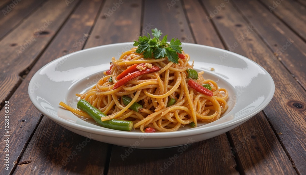 Delicious spaghetti with vegetables on wooden table, culinary delight