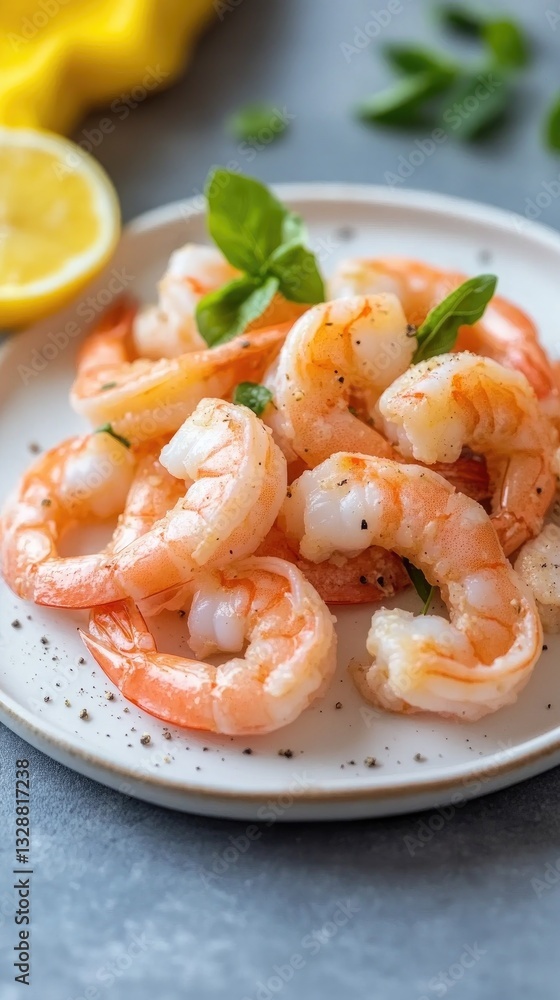 Cooked Shrimp With Basil And Pepper Garnish Cooked Shrimp With Basil And Pepper Garnish