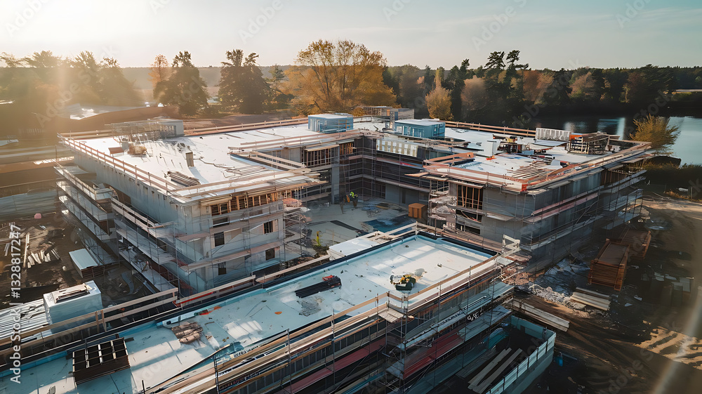 Fototapeta premium Drone flying over an Urban construction site, Drone view of a residential construction site with houses and apartments being built, Aerial view of construction site in city, created with generative ai
