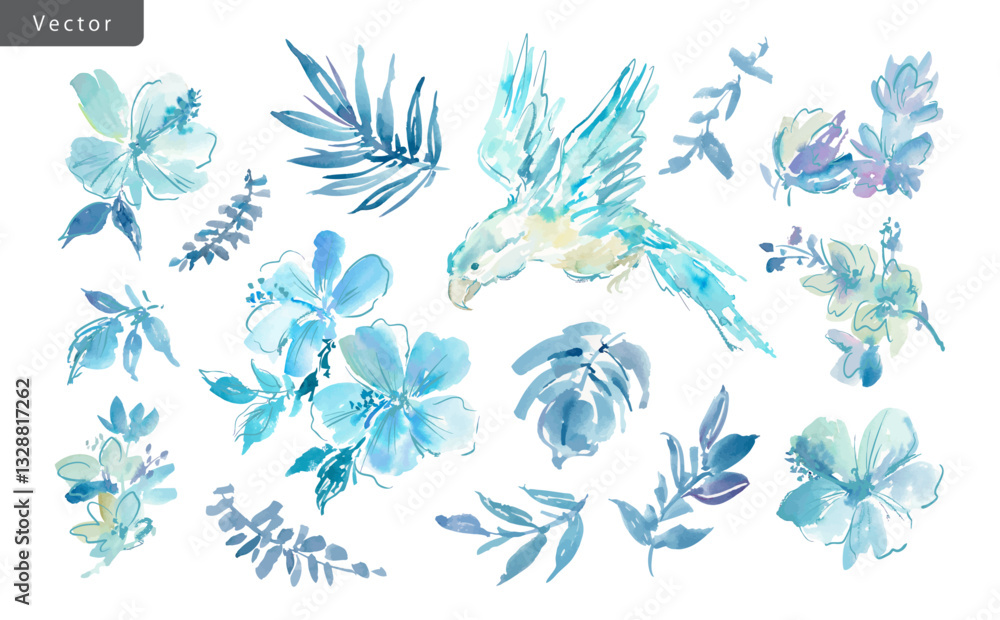 Fototapeta premium Vector clipart set of abstract blue hibiscus flowers, monstera, tropical plants, and a parrot painted in watercolor. Hand-drawn summer illustration collection of botanical elements and birds.