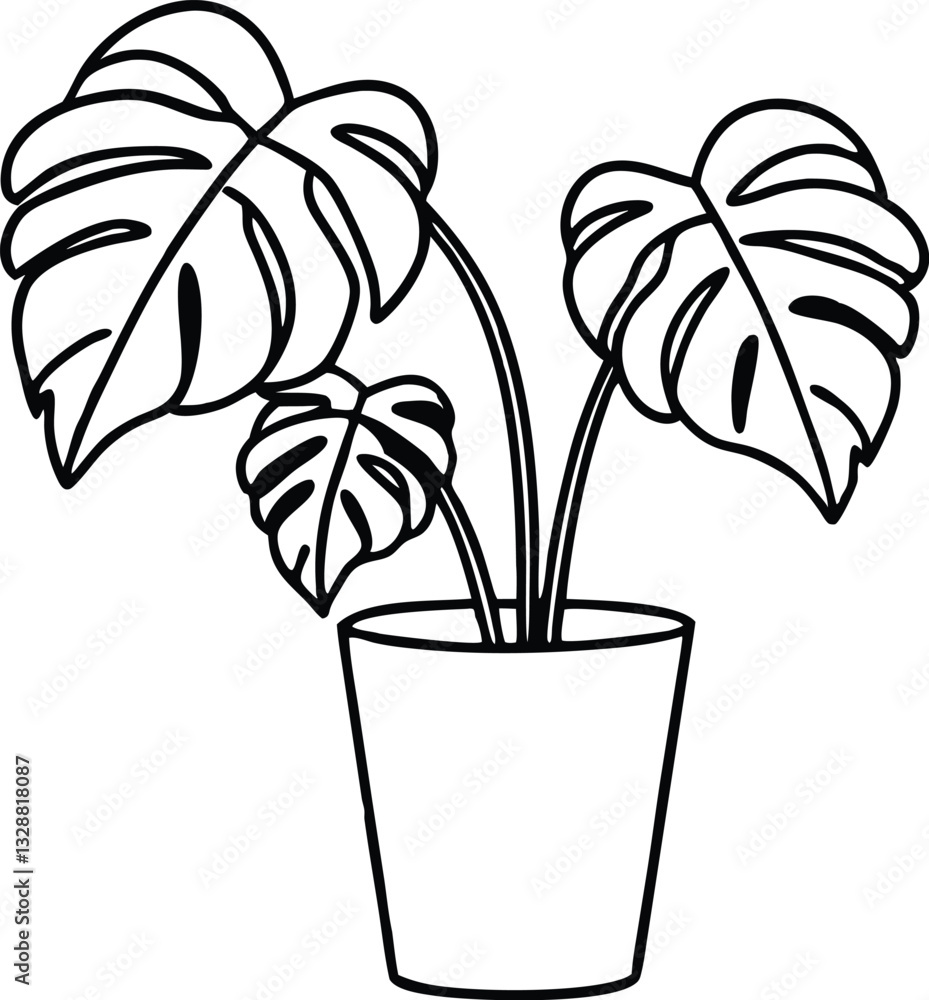 Potted plant monstera line art vector, House plant outline icon vector Potted plant monstera line art vector, House plant outline icon vector