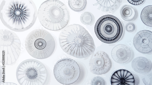The image presents a high-resolution close-up view of numerous microscopic organisms, likely diatoms or similar plankton, arranged against a plain white backdrop. The organisms exhibit circular and