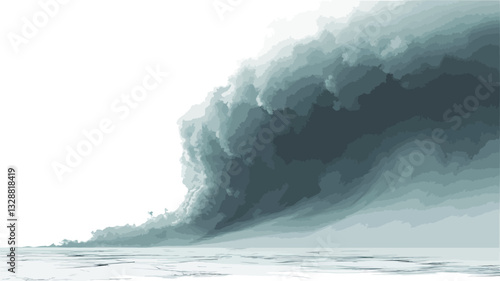 The image is a digitally created or manipulated photograph depicting a large, abstract cloud formation. The cloud is predominantly shades of gray and blue, with a swirling, turbulent texture. It